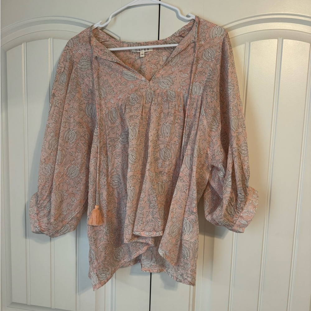 Marea Steph Puff Sleeve 100% Cotton Blouse In Blush Size Medium